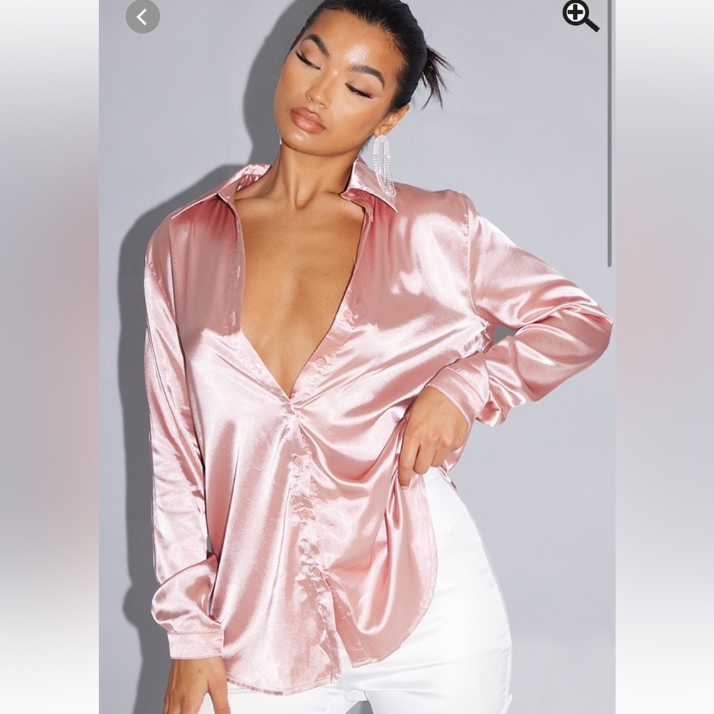 Rose gold satin button front shirt